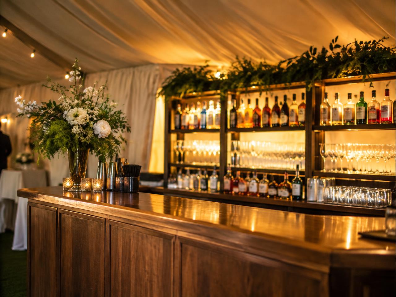 Wooden bar with backlit shelving inside a marquee