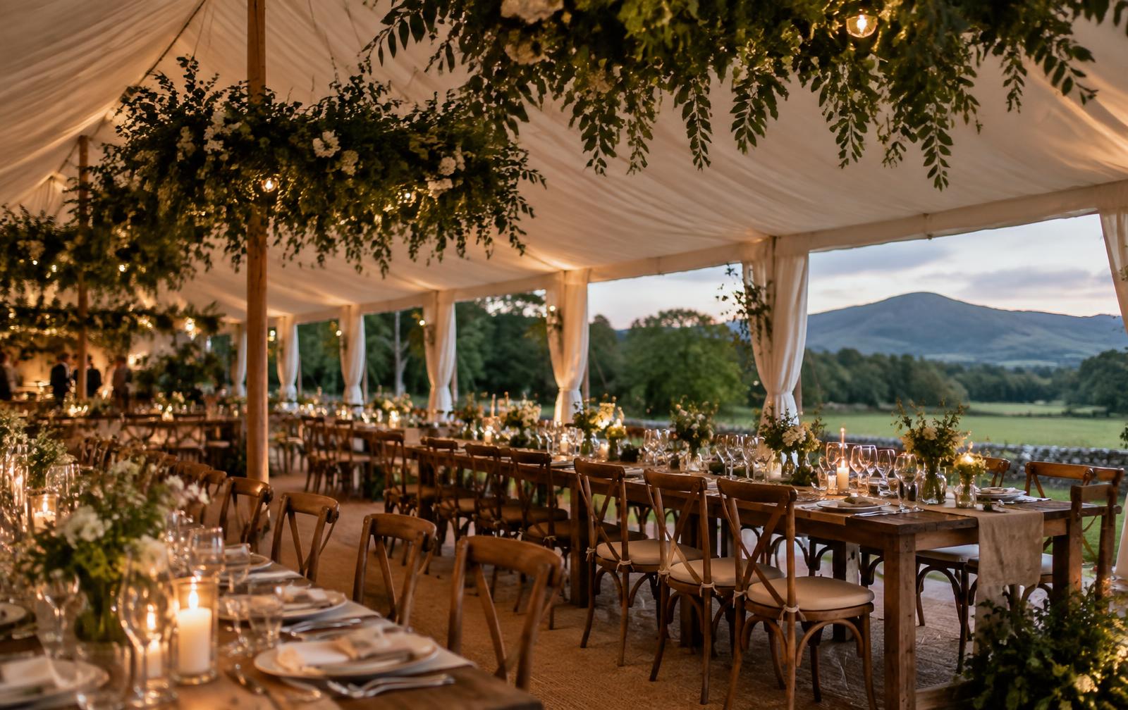 A warmly lit, bespoke marquee interior styled with long timber tables and greenery