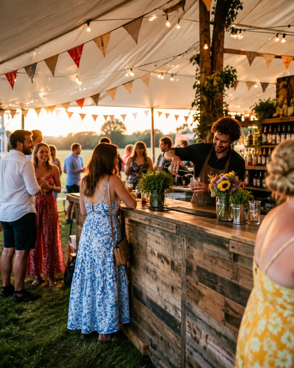 Open-sided festival marquee with a wooden bar and bunting