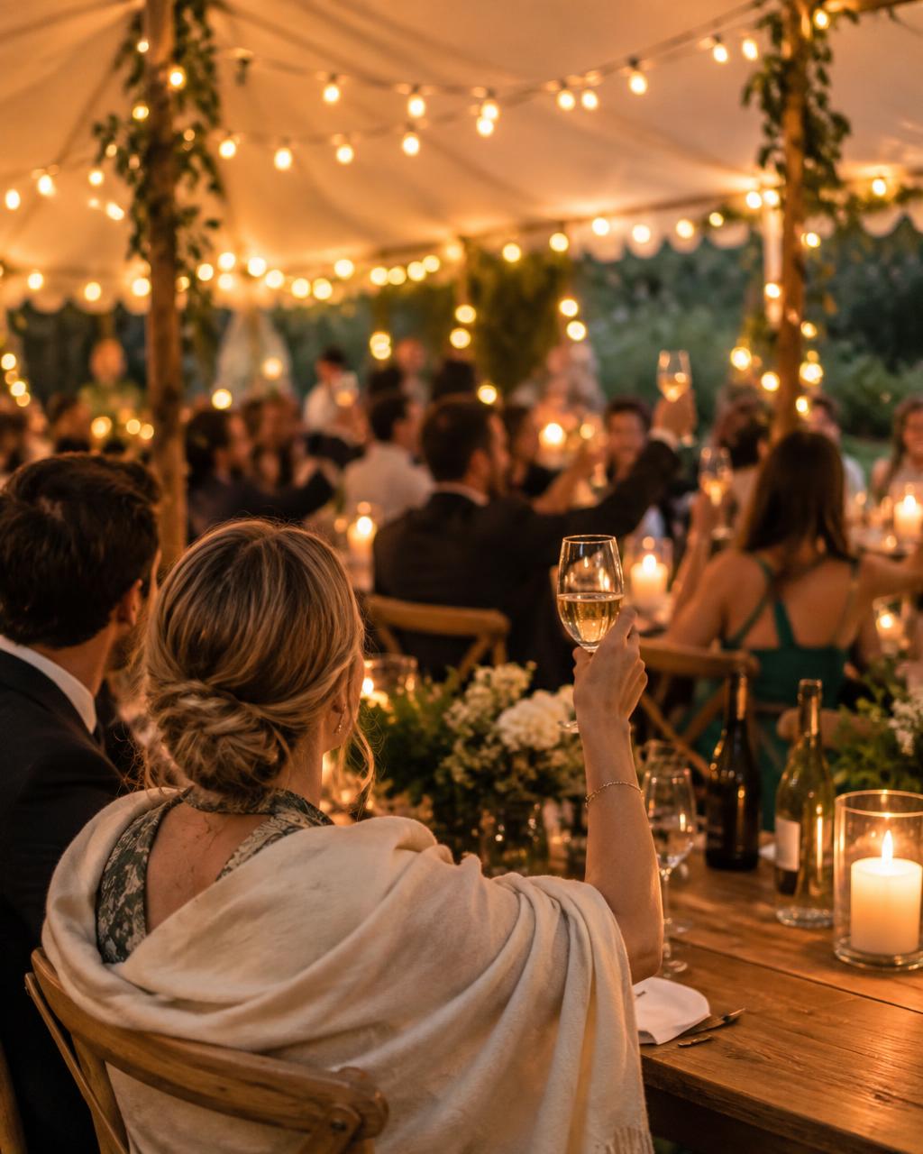 Guests raising glasses beneath festoon lights in a garden marquee at dusk