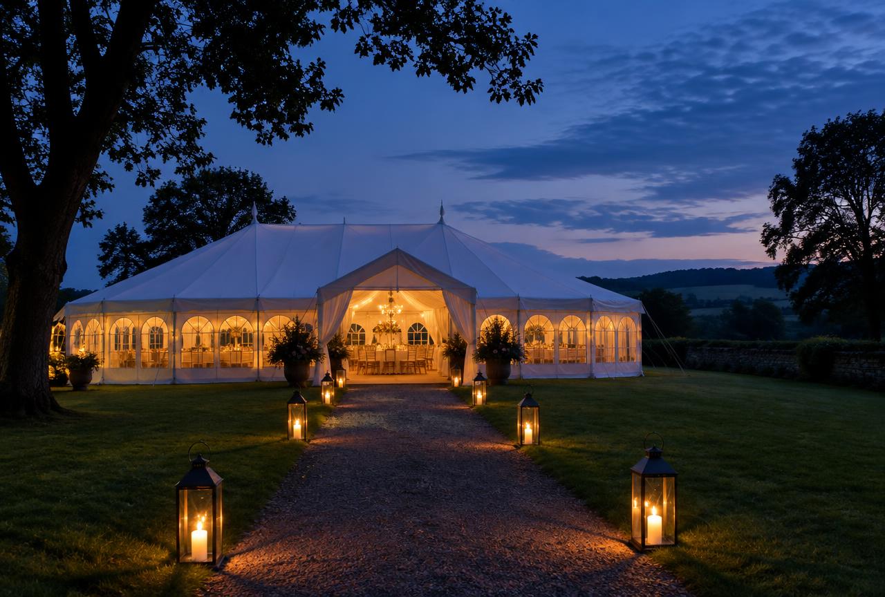 Lantern-lined path to a marquee entrance at blue hour
