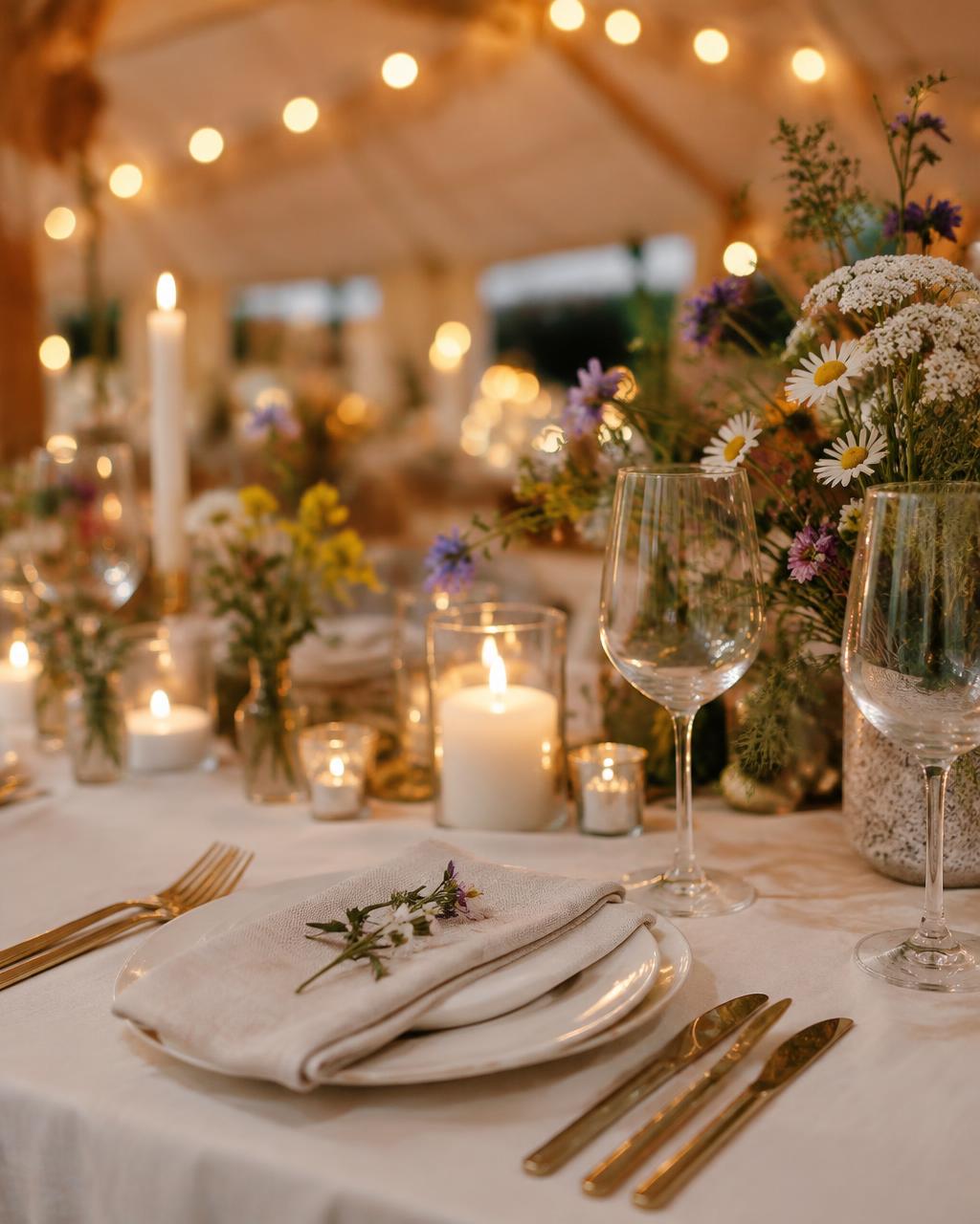 Candlelit table setting with wildflowers