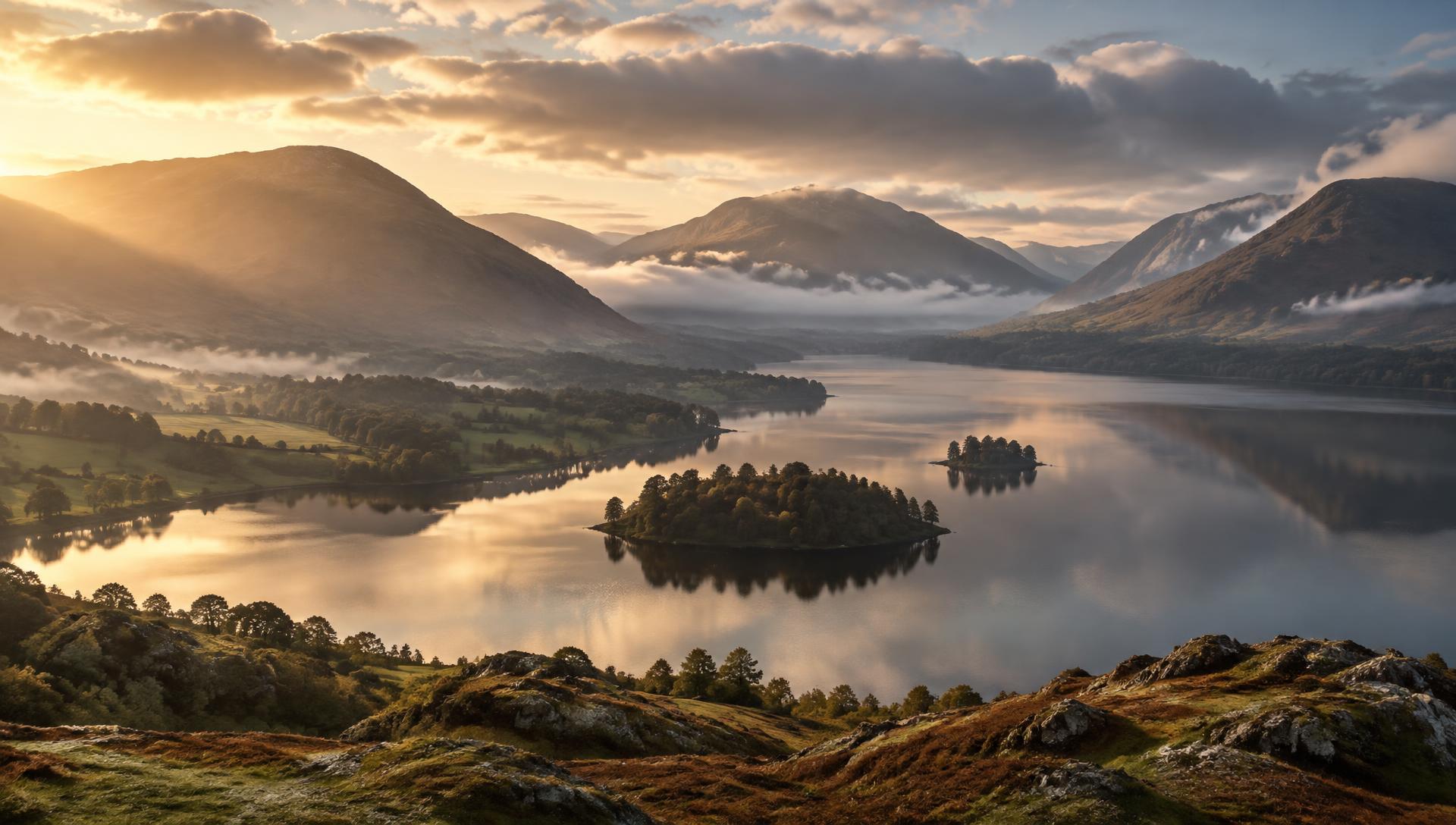 Misty morning light over a Lake District lake and fells